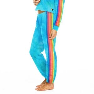 Aviator Nation - Hand Dyed 5 Stripe Women's Sweatpant in Tie Dye Neon Blue